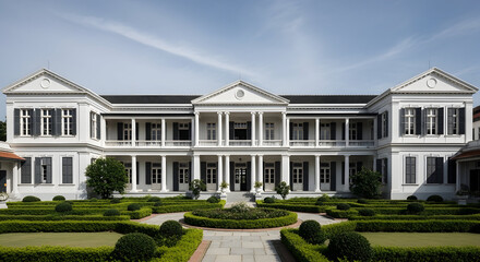 Fototapeta premium Traditional Colonial Style Old School Building With Courtyard Garden