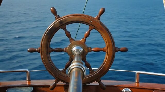 Steersman at helm of luxury yacht sailing in the ocean