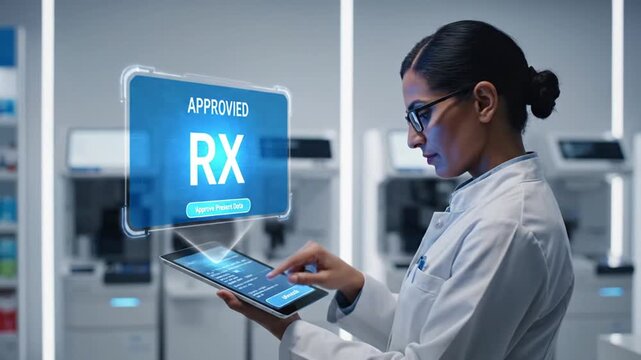 Female lab worker interacting with futuristic prescription interface in laboratory setting