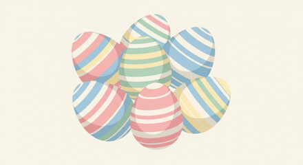 Colorful striped easter eggs clustered together on cream background holiday decoration concept