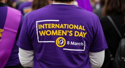 Person wearing purple international womens day tshirt from behind