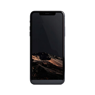A sleek iPhone displays a dark mountain landscape against a black background.