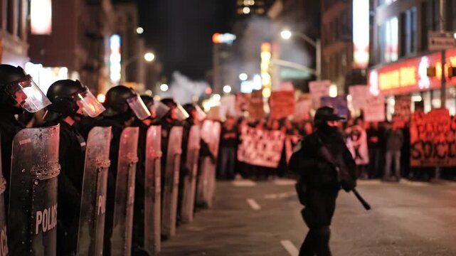 Police officers in riot gear confront protesters on a city street at night