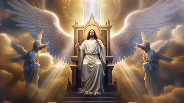 Heavenly Judge Sitting on Throne between Angelic Cherubim in Cloudy Sky with Divine Light