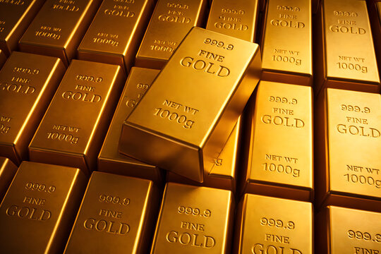 Gold Bars Display: An eye-level shot of stacked, lustrous gold bars. Capturing the gleaming allure and inherent value, this image symbolizes wealth, security, and prosperity.