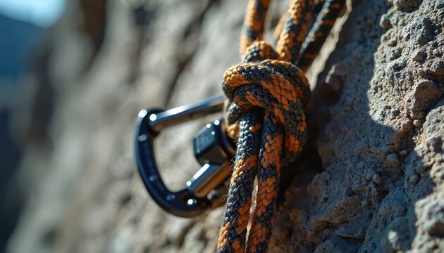 Close up of climbing rope tied with knot and attached to carabiner. Metal snap-hook clips onto textured rock surface with rough granite. Outdoor adventure gear secures for safety.