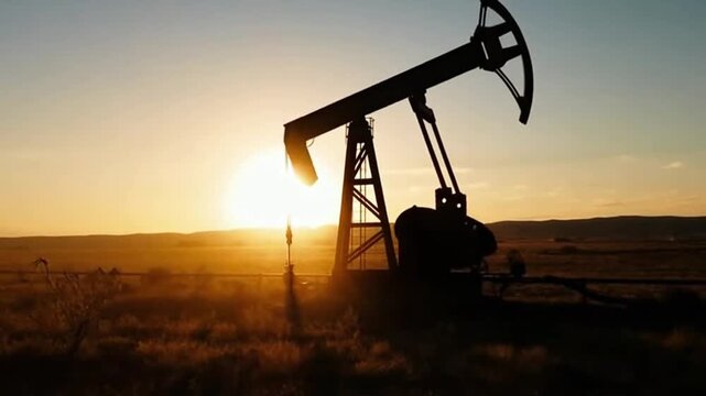 Oil pumpjack extracting crude oil in a desert landscape at sunset, with a clear sky in the background, used for energy or industrial concepts