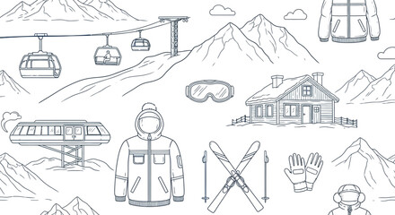 Collection of Ski Resort Elements and Winter Sport Equipment, Including Mountains, Cable Cars, and Chalet, Line Art Icons © adam