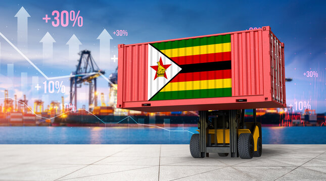 Zimbabwe Trade Expansion: A container with the Zimbabwean flag is lifted by a forklift against a backdrop of a bustling harbor, symbolizing growing trade and economic progress. 