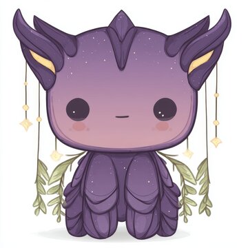 Charming chibi alien queen with flowing purple petals and starry accents