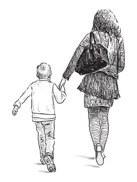 Young mother with little son walking along street, casual city pedestrians, realistic sketch, vector hand drawn illustration isolated on white background