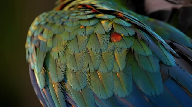 Vibrant macaw feathers in shades of blue and green close-up, nature background.