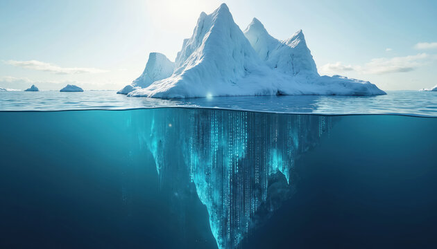 Digital iceberg visualizes data, ideas above water, hidden analysis below. Blue ocean surface, ice mountains, underwater code streams. Tech concept, deep information insight.