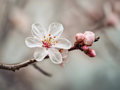 delicate cherry blossom branch with single white flower in full bloom and pink buds in soft natural light with ample empty space for text concept of nature beauty and floral design