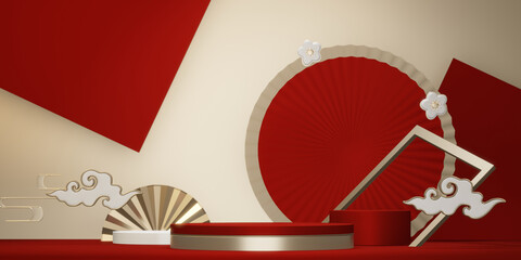 Chinese red concept Podium with decoration minimal geometric design.3D rendering