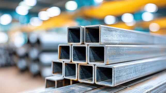 industrial close-up photograph of stacked square and rectangular steel tubes in a metal warehouse