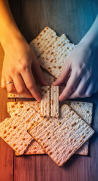 Hands Breaking Matzah: A Traditional Jewish Passover Seder Ritual