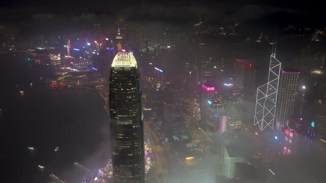 IFC Building Low Clouds Hong Kong Island at night