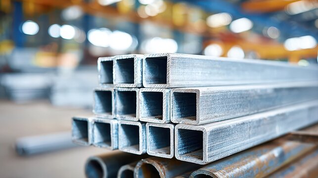 A close-up shot revealing a neatly stacked pyramid of clean, square metal pipes with a softly blurred industrial background, highlighting industrial raw materials.
