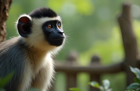 White-naped Mangabey monkey sits on tree branch. Small primate with black face and grey fur looks alertly into distance. Wildlife in lush green jungle habitat.