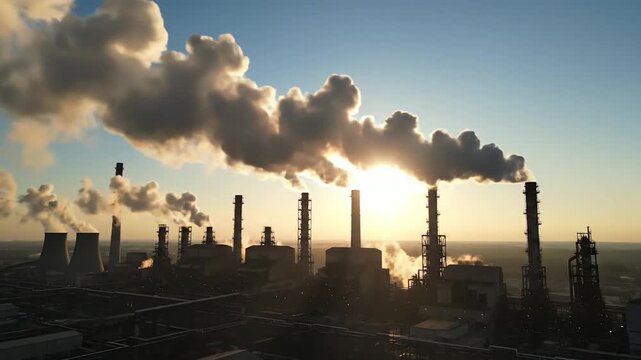 Industrial plant smokestacks emit thick smoke into the evening sky