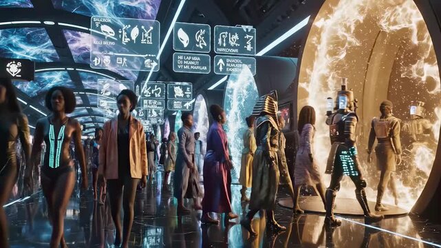 Futuristic crowd of diverse extraterrestrial beings and androids walking in a sci-fi teleportation terminal with glowing energy portals and alien language interfaces
