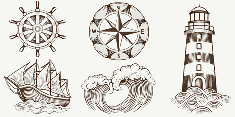 Vintage nautical elements including a ship waves compass and lighthouse © KrishnaPada