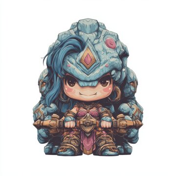 Charming chibi giant character with blue hair and stone armor, fantasy mythical creature