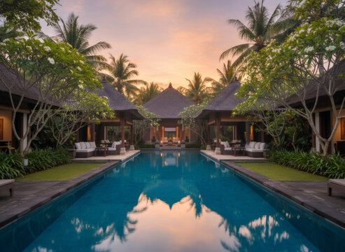 Luxury villa with swimming pool at sunset. Tropical resort architecture. Travel and vacation destination with serene ambiance.