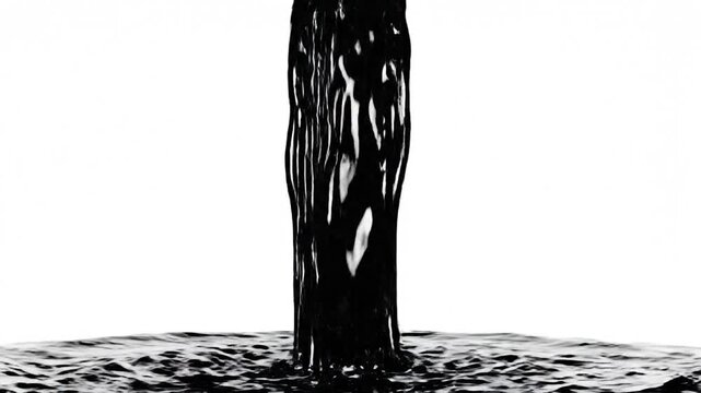 Dynamic black liquid splashes and pours against a clean white background