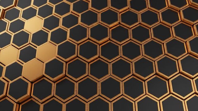 Abstract background of black and gold hexagons moving in a dynamic pattern
