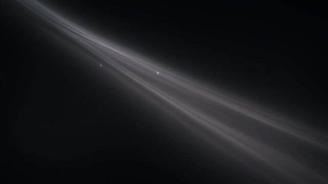 Cosmic rays illuminate the dark space with a glowing streak from an unknown source viewed from a distant perspective