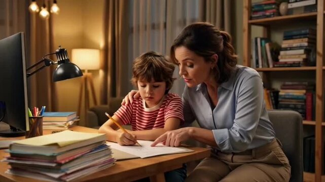 A young caring mother helps child with homework at table in cozy home evening study moment. AI