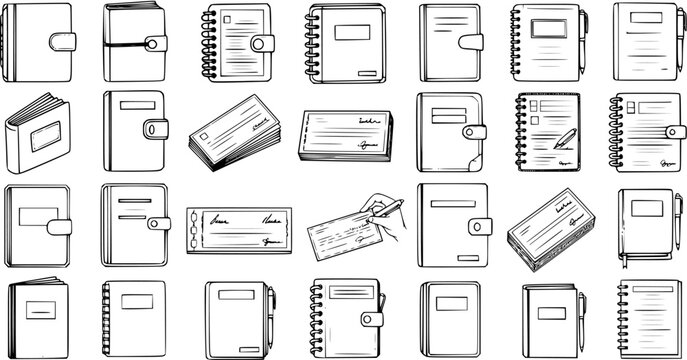Hand-drawn sketch icons of various books, notebooks, planners, diaries, checkbooks, and financial documents, in an outline art style, isolated on white.