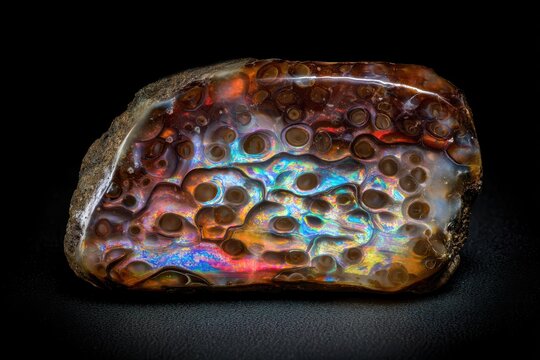 Fire Agate botryoidal texture, bubble-like formations with iridescent rainbow layers glowing from within