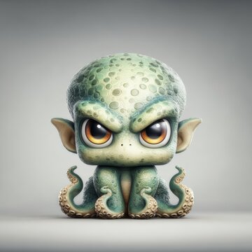 Charming chibi kraken with big orange eyes, teal skin, and textured tentacles