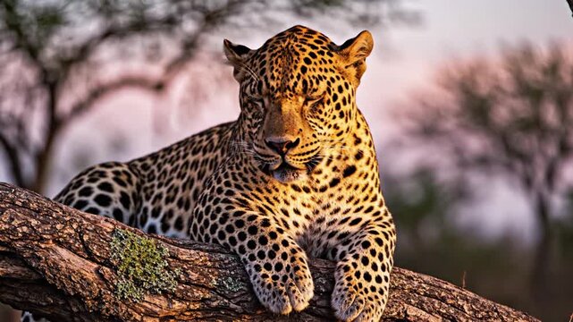 Leopard Resting on Tree Branch in Forest.