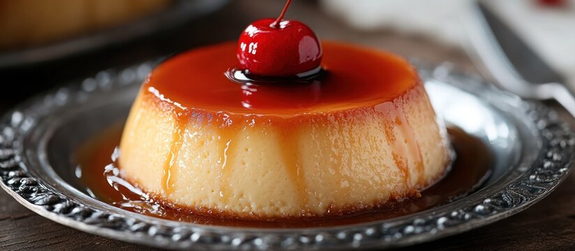 Caramel custard dessert on silver plate, wood background