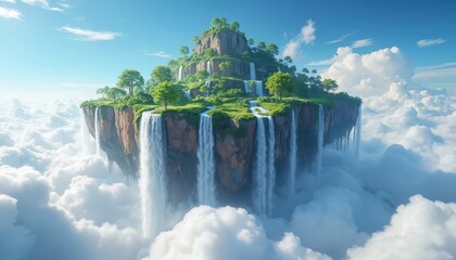 Fototapeta premium Floating island with waterfalls sky high in clouds. Rich green vegetation tops rugged cliffs. Serene natural beauty above vast cloudscape. Peaceful dreamlike landscape.
