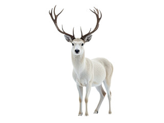 Fototapeta premium A white deer with impressive antlers stands in fresh snow, great for winter scenes or nature photography