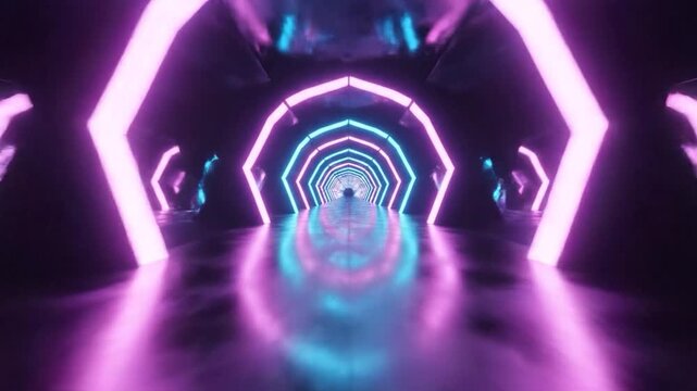 Abstract futuristic tunnel with glowing neon hexagonal lights in vibrant pink