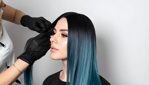 Hairdresser Applying Blue Dye to Woman Long Hair