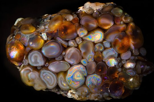 Fire Agate botryoidal texture, bubble-like formations with iridescent rainbow layers glowing from within