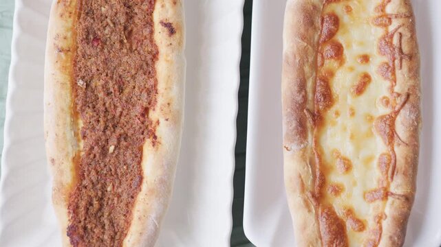 Close-Up of Traditional Turkish Pide with Meat and Cheese
