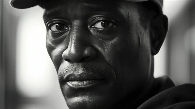 A close-up portrait of a serious man with a focused gaze.