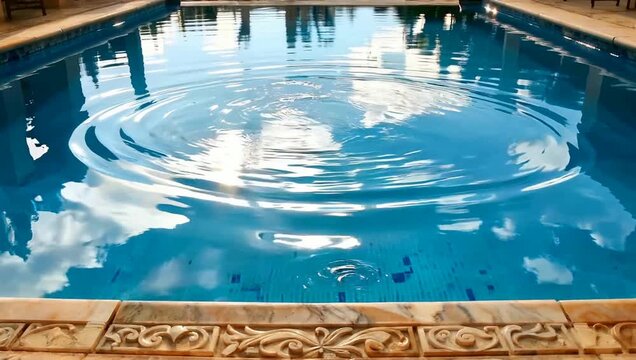 Ultra realistic cinematic close-up of luxury swimming pool water surface with soft sunlight reflections, gentle slow motion ripples, elegant blue tones, minimal composition, shallow depth of field, sm