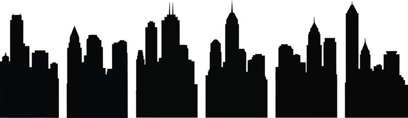 Collection of five modern city skyline silhouettes, black vector icons of metropolitan urban landscapes and skyscrapers isolated on white.