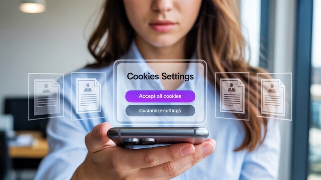 A woman holds a smartphone displaying a futuristic cookie settings interface with options to accept or customize cookies.