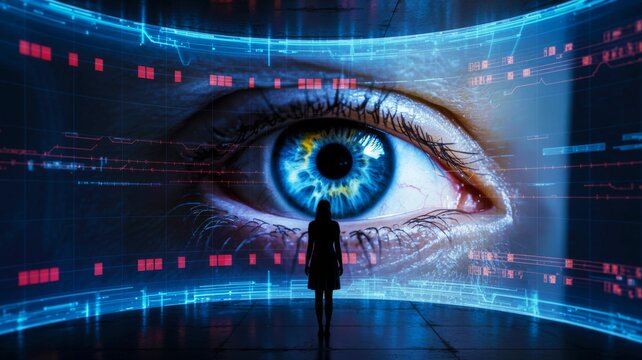 A person stands before a giant digital eye surrounded by futuristic data and holographic blue and red graphics on a dark background.