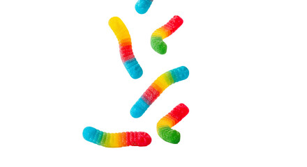 Neon Flying Gummy Worms PNG. Sweet colorful chewy jelly candies falling isolated. Delicious bright fun sugar snack treat and cheerful childhood dessert design